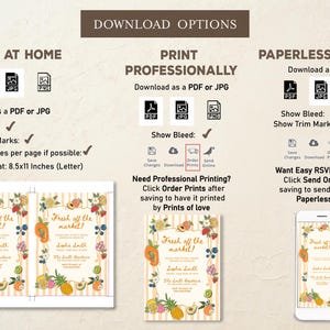 May include: An instructional graphic detailing download options for a digital invitation template. It displays three categories: Print at Home, Print Professionally, and Paperless Option, featuring icons, text instructions, and a sample invitation design.