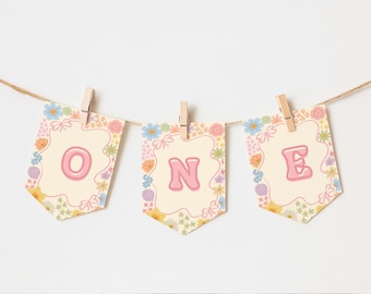 Wildblumen Hochstuhl Banner, alles Gute zum Geburtstag Banner, druckbare Party Dekoration, EINS, erster Geburtstag, Mädchen 1. Geburtstag Blumenbanner A4