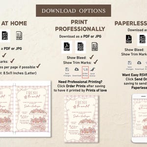 May include: A digital download options graphic with text and icons. Options include printing at home, professionally, or paperless. The design features a floral cart illustration and text that reads "Fresh off the market."