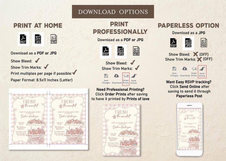 May include: A digital download options graphic with text and icons. Options include printing at home, professionally, or paperless. The design features a floral cart illustration and text that reads "Fresh off the market."