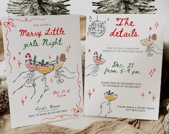 Merry Little Girls Night Christmas Party Invitation, Xmas Friendsmas Cocktail Work Party Invite