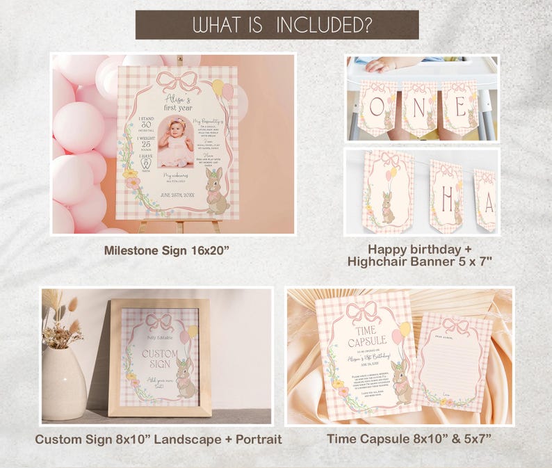 Some Bunny is One Birthday Bundle, Floral bunny Invite First Birthday Bundle, Pink Greenery Girls 1st birthday Boho Rabbit Theme Decor B5 image 3