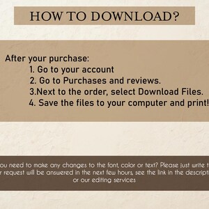May include: A tan-colored graphic with the text "HOW TO DOWNLOAD?" and instructions for downloading files after purchase. The instructions include steps to access the account, purchases, and download files. Additional text offers editing services.