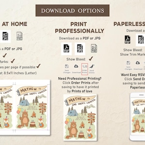 Puede incluir: Opciones de descarga digital para imprimir en casa, profesionalmente o como opci&oacute;n sin papel. El dise&ntilde;o presenta una pancarta que dice "MATHEW IS ONE HAPPY CAMPER" con ilustraciones de un oso, un zorro y elementos de camping.