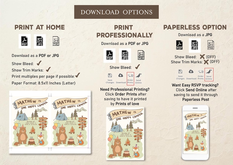 Puede incluir: Opciones de descarga digital para imprimir en casa, profesionalmente o como opci&oacute;n sin papel. El dise&ntilde;o presenta una pancarta que dice "MATHEW IS ONE HAPPY CAMPER" con ilustraciones de un oso, un zorro y elementos de camping.