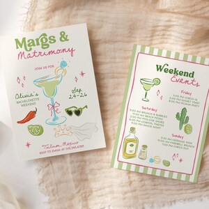 Op de afbeelding: Twee uitnodigingskaarten met een margarita-thema. E&eacute;n kaart zegt "Margs & Matrimony" met een margarita-illustratie, de andere zegt "Weekend Events" met een cactus- en tequila-flesillustratie. De kaarten liggen op een beige stof.