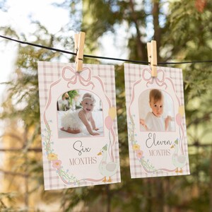 May include: Two pink and white photo cards with a checkered pattern and floral accents. Each card features a photo of a baby girl and the text "Six Months" and "Eleven Months".