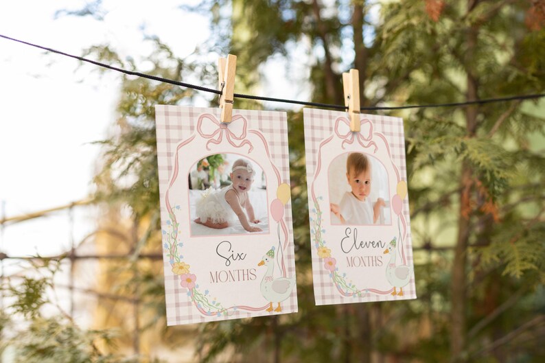May include: Two pink and white photo cards with a checkered pattern and floral accents. Each card features a photo of a baby girl and the text "Six Months" and "Eleven Months".