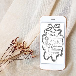 May include: A black and white digital invitation with a whimsical illustration of a woman in a cocktail dress holding a martini glass. The text reads "Adi&oacute;s Prick! Join us to celebrate Olivia's Freedom May 20th at 5 pm"