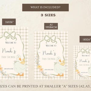 Pu&ograve; includere: Tre cartelli di benvenuto per baby shower stampabili con un'illustrazione di un'anatra e un pulcino. I cartelli sono disponibili in tre dimensioni: 24x36 pollici, 18x24 pollici e 59x84 cm. I cartelli hanno uno sfondo a quadri e dicono "Benvenuti alla festa di Noah".