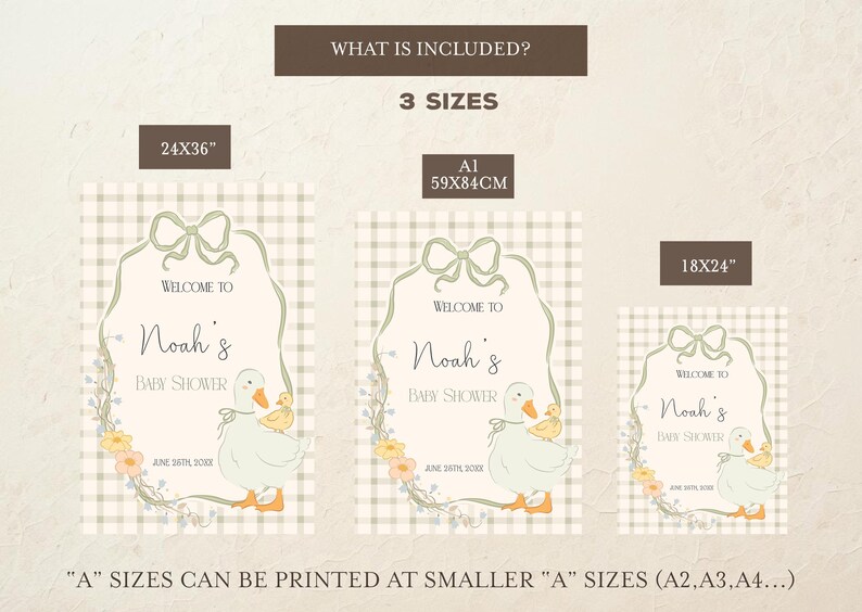 Pu&ograve; includere: Tre cartelli di benvenuto per baby shower stampabili con un'illustrazione di un'anatra e un pulcino. I cartelli sono disponibili in tre dimensioni: 24x36 pollici, 18x24 pollici e 59x84 cm. I cartelli hanno uno sfondo a quadri e dicono "Benvenuti alla festa di Noah".