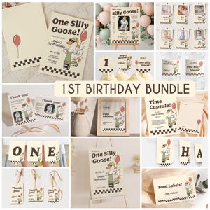 One Silly Goose First Birthday Bundle, Editable 1st Birthday Invite Bundle, Silly Goose Boy Birthday Party Invitation Minimalist,Goose Theme