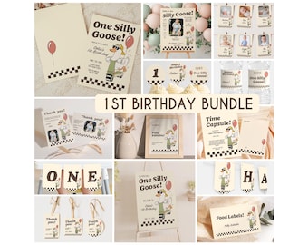 One Silly Goose First Birthday Bundle, Editable 1st Birthday Invite Bundle, Silly Goose Boy Birthday Party Invitation Minimalist,Goose Theme