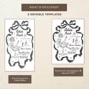 May include: Two black and white printable invitation templates for a farewell party. The design features a woman in a martini glass with the text "Adi&oacute;s Prick" and "Olivia's Freedom".