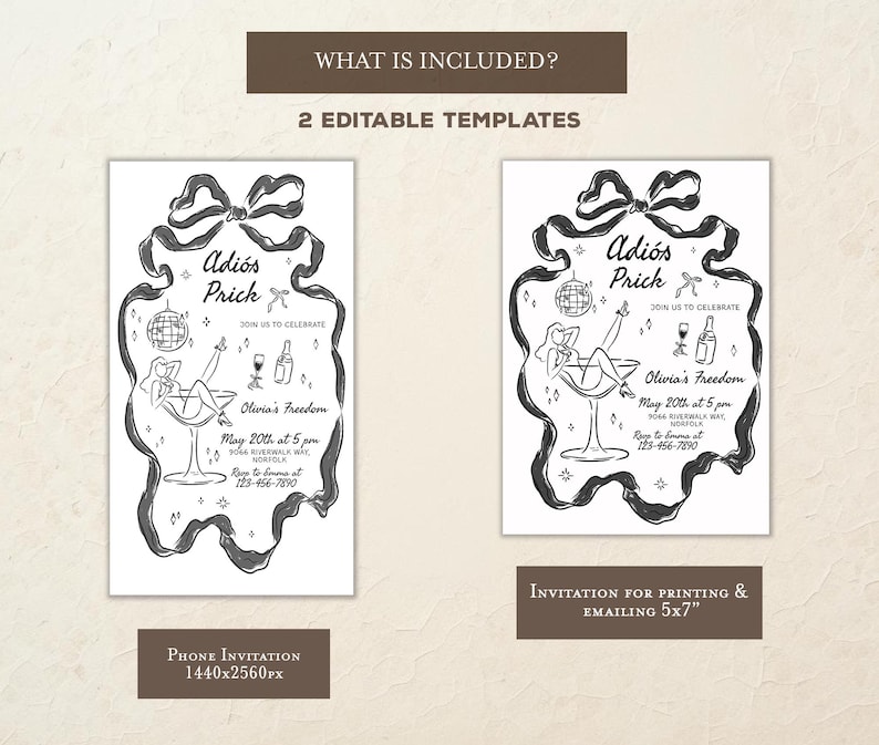 May include: Two black and white printable invitation templates for a farewell party. The design features a woman in a martini glass with the text "Adi&oacute;s Prick" and "Olivia's Freedom".