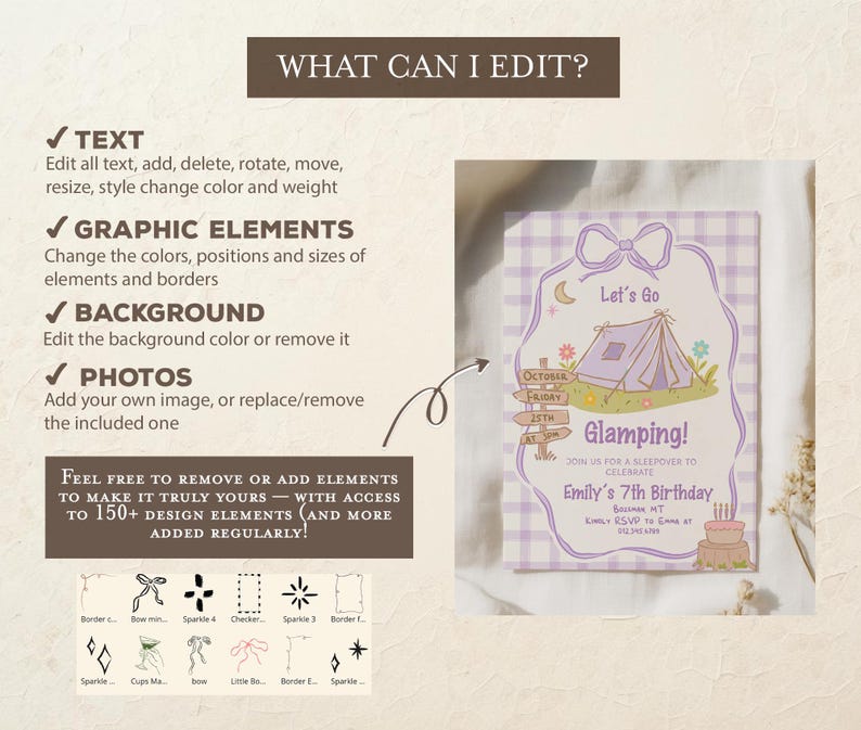 May include: A lavender and white invitation with the text "Let's Go Glamping!" features a tent illustration, a signpost, and a cake. The invitation includes editable text options for customization. The design elements include borders, bows, and sparkles.