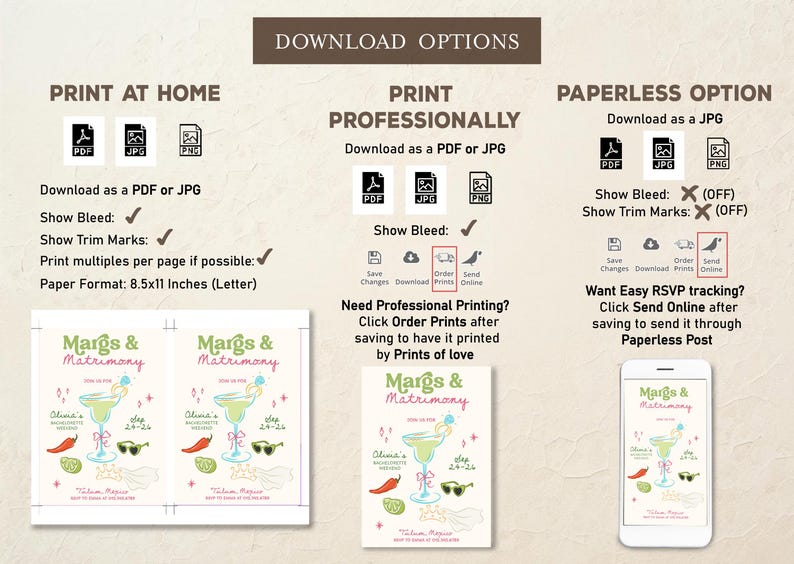 Op de afbeelding: Digitaal uitnodigingsontwerp met opties voor thuis afdrukken, professioneel of als papierloze optie. Het ontwerp toont een margarita-glas, zonnebril en chilipepers, met de tekst "Margs & Matrimony".