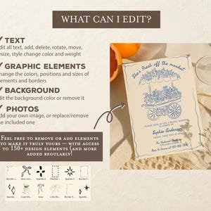 May include: A bridal shower invitation with a floral cart design in blue ink on a cream background. The text reads "She's Fresh off the market" and includes event details. The image also shows editing options.