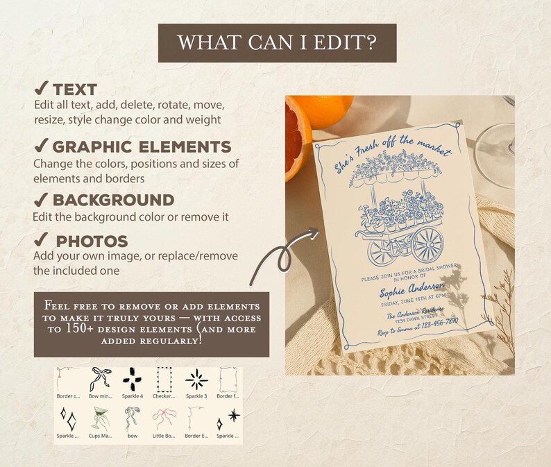 May include: A bridal shower invitation with a floral cart design in blue ink on a cream background. The text reads "She's Fresh off the market" and includes event details. The image also shows editing options.