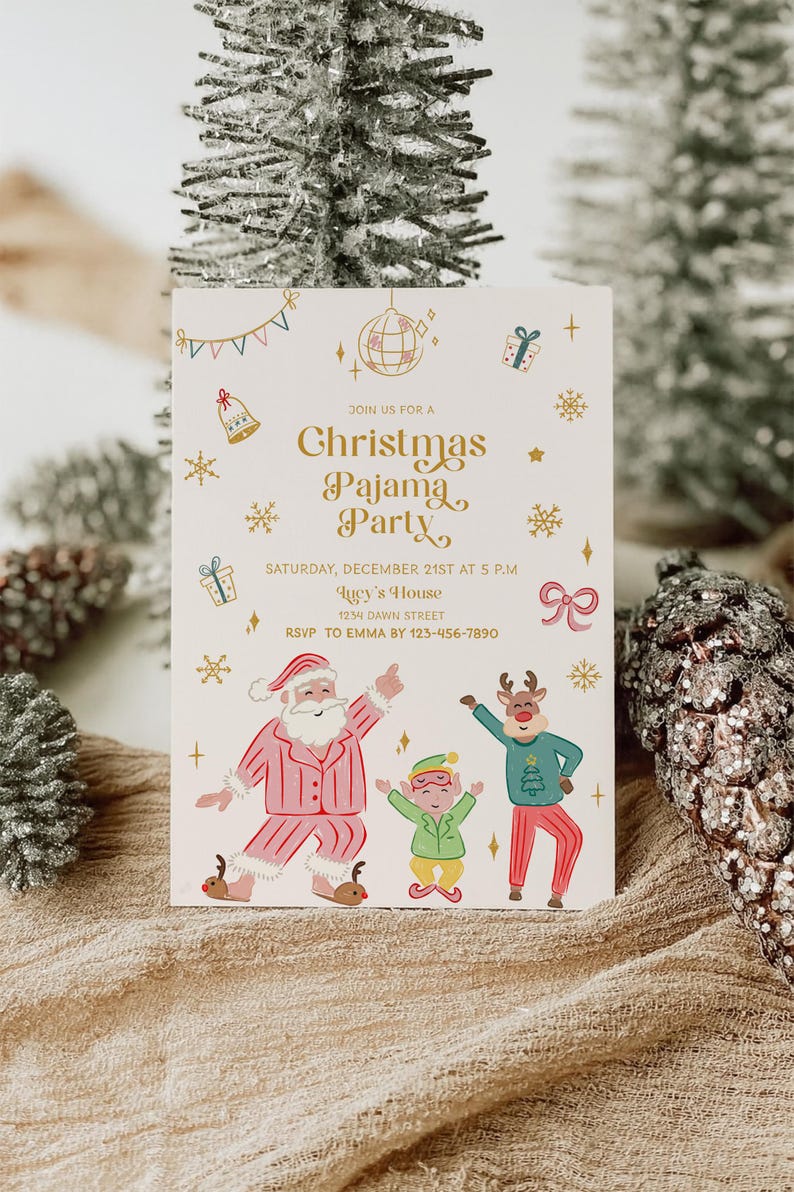 Uitnodiging kerstfeest pyjama, pyjama-uitnodiging, uitnodiging kerstfeest, uitnodiging vakantiefeest, kerstfeest afbeelding 1