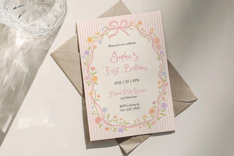 May include: A pink and white invitation card for Sophia's First Birthday, with floral and ribbon accents. The card includes the event details: June 25th, 6 PM, Bloom Path Garden, and an RSVP contact. The card is on a neutral envelope.