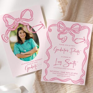 Editable medical graduation invitation, Bow Graduation Announcement, Nurse Graduation Invitation, Nursing School Graduation Announcement