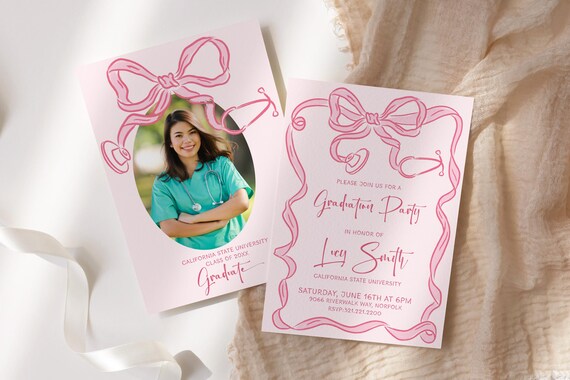 Editable medical graduation invitation, Bow Graduation Announcement, Nurse Graduation Invitation, Nursing School Graduation Announcement