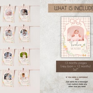 May include: A set of 13 printable monthly photo cards for a baby's first year. The cards feature a pink and white gingham pattern with floral accents and a cute duck illustration. The cards are 5x7 inches and include a newborn card and 12 monthly cards.
