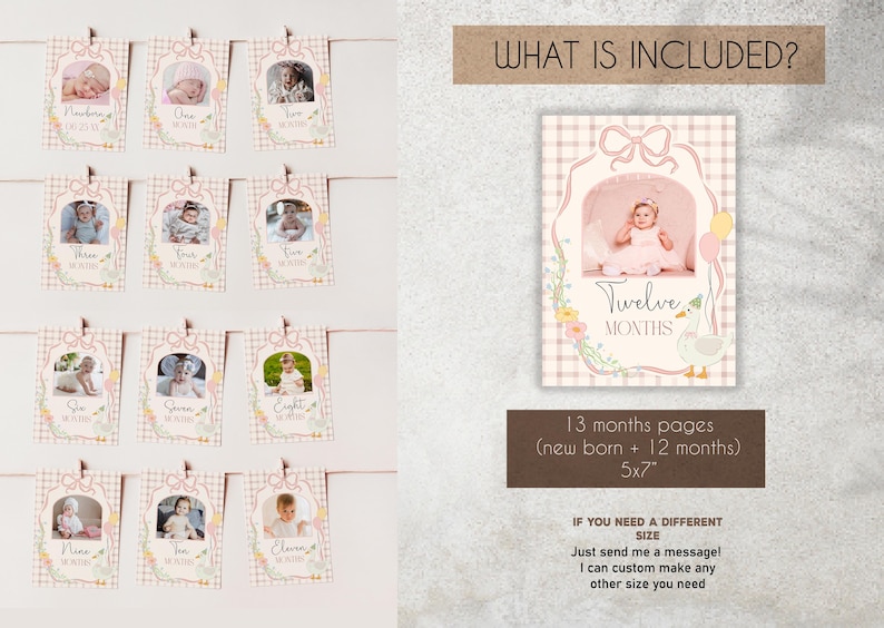 May include: A set of 13 printable monthly photo cards for a baby's first year. The cards feature a pink and white gingham pattern with floral accents and a cute duck illustration. The cards are 5x7 inches and include a newborn card and 12 monthly cards.