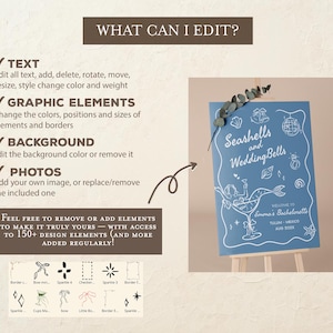 May include: A blue sign on a wooden easel with the text "Seashells and Wedding Bells" and "Emma's Bachelorette Tulum Mexico Aug 202X". The sign also includes decorative graphic elements and the text "What Can I Edit?"