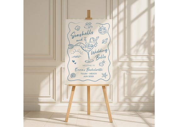 Seashells And Wedding Bells Bachelorette Sign, Coastal Bach Sig, Seashells & Wedding Bells Theme Beach Bachelorette Welcome Sign Template B9