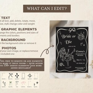 Pode incluir: Convite em preto e branco para uma despedida de solteira. O design inclui o texto "Bride or Die" e uma ilustra&ccedil;&atilde;o de esqueleto. O convite tamb&eacute;m inclui o texto "Emma's Bachelorette Weekend" e a data e o local.