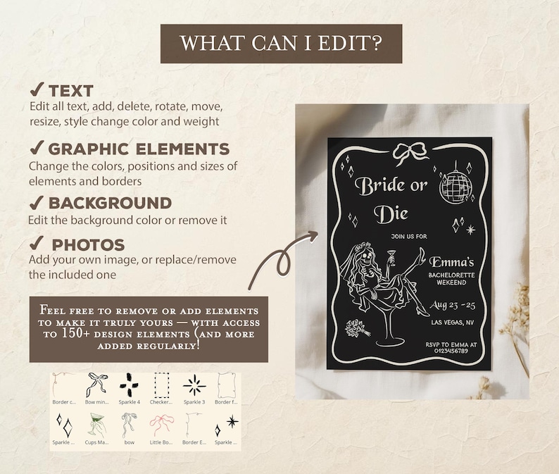 Pode incluir: Convite em preto e branco para uma despedida de solteira. O design inclui o texto "Bride or Die" e uma ilustra&ccedil;&atilde;o de esqueleto. O convite tamb&eacute;m inclui o texto "Emma's Bachelorette Weekend" e a data e o local.