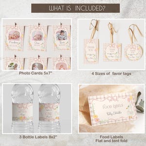 May include: A set of printable party decorations for a first birthday party. The set includes photo cards, favor tags, bottle labels, and food labels. The decorations feature a pink and white gingham pattern with a cute little girl illustration.