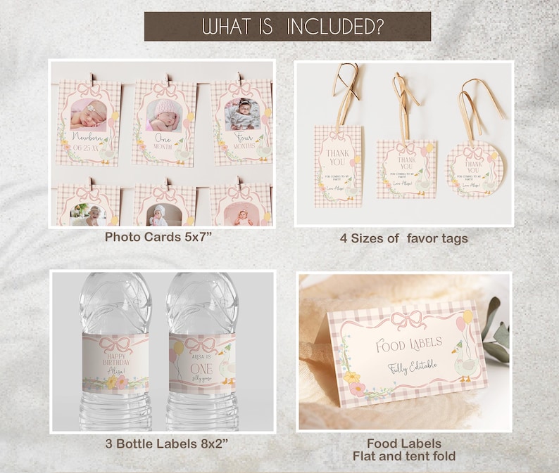 May include: A set of printable party decorations for a first birthday party. The set includes photo cards, favor tags, bottle labels, and food labels. The decorations feature a pink and white gingham pattern with a cute little girl illustration.