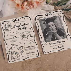 May include: Black and white graduation party invitation with a disco ball, graduation cap, and text that reads "Graduation Party" and "Emma Adams".