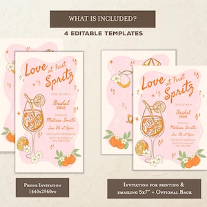 May include: Pink bridal shower invitations with orange and white illustrations. The text reads "Love at First Spritz" and includes details for the event. The invitations are available in 4 editable templates.