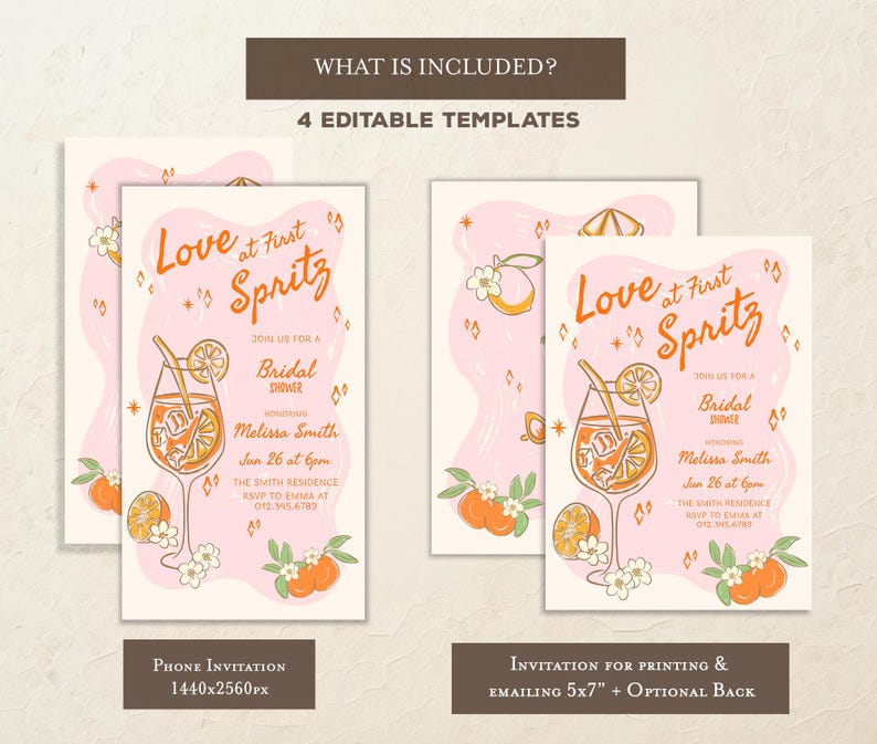 May include: Pink bridal shower invitations with orange and white illustrations. The text reads "Love at First Spritz" and includes details for the event. The invitations are available in 4 editable templates.