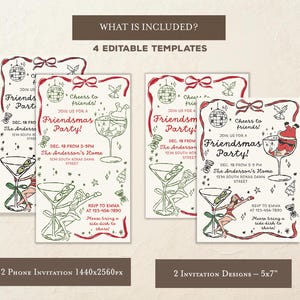 May include: Four invitation templates with a Friendsmas Party theme. The invitations feature a martini glass, disco ball, and Santa Claus. The text includes party details and a request to bring a side dish. Two designs are 5x7 inches.