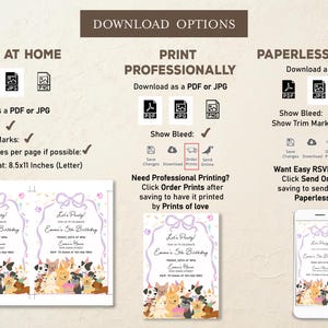 May include: Digital download options for a children's birthday party invitation. The invitation features a watercolor illustration of various dog breeds. Options include print at home, professional printing, and a paperless option.