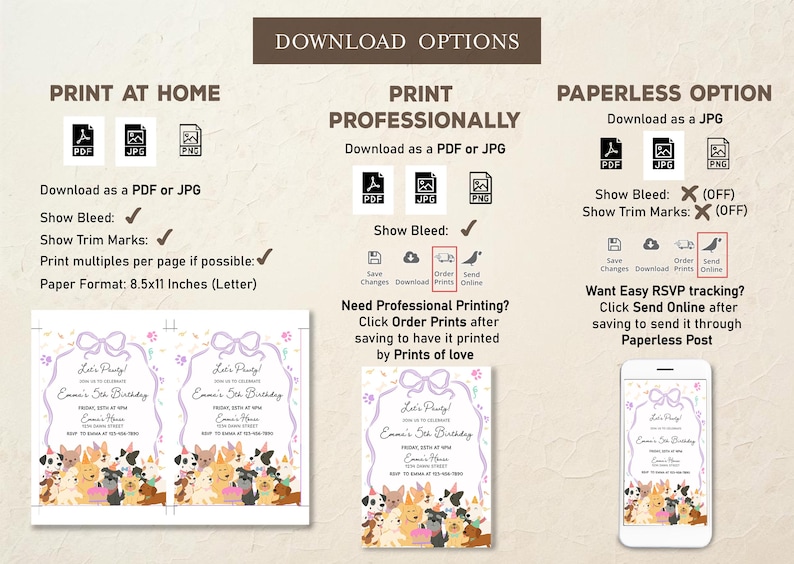 May include: Digital download options for a children's birthday party invitation. The invitation features a watercolor illustration of various dog breeds. Options include print at home, professional printing, and a paperless option.