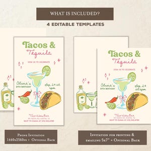 May include: Invitation templates with a "Tacos & Tequila" theme. The design includes illustrations of a margarita, taco, and tequila bottle. The invitation text includes the event details and RSVP information.