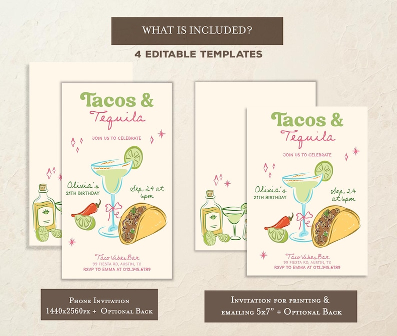 May include: Invitation templates with a "Tacos & Tequila" theme. The design includes illustrations of a margarita, taco, and tequila bottle. The invitation text includes the event details and RSVP information.