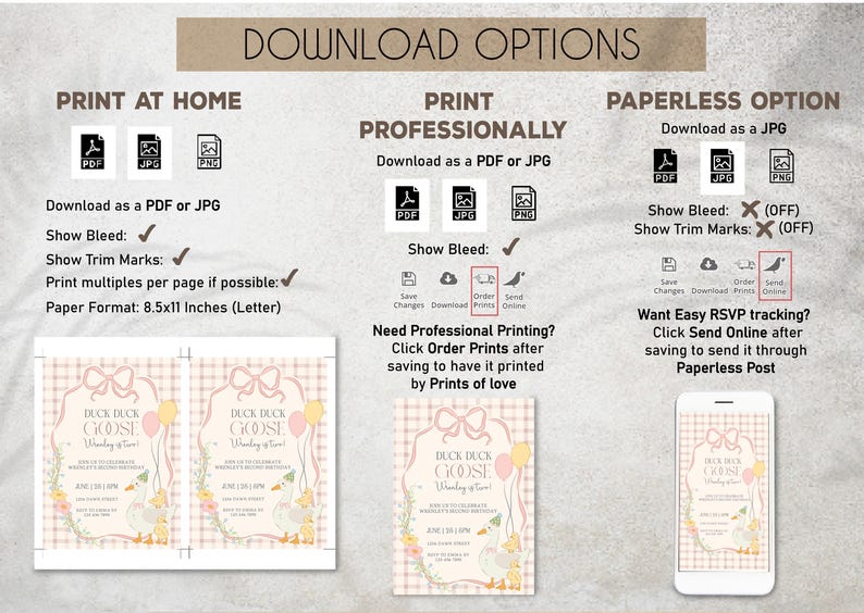 May include: A digital download graphic with options for printing at home, professionally, or as a paperless option. The design features a "Duck Duck Goose" theme with a pink and beige color scheme, suitable for a baby shower or birthday party.