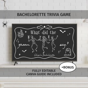 Pode incluir: Um quadro negro preto com texto e ilustra&ccedil;&otilde;es brancas para um jogo de perguntas e respostas de despedida de solteira. O quadro apresenta esqueletos, morcegos e o texto "What did the groom say?" e "Alisa's Bachelorette."