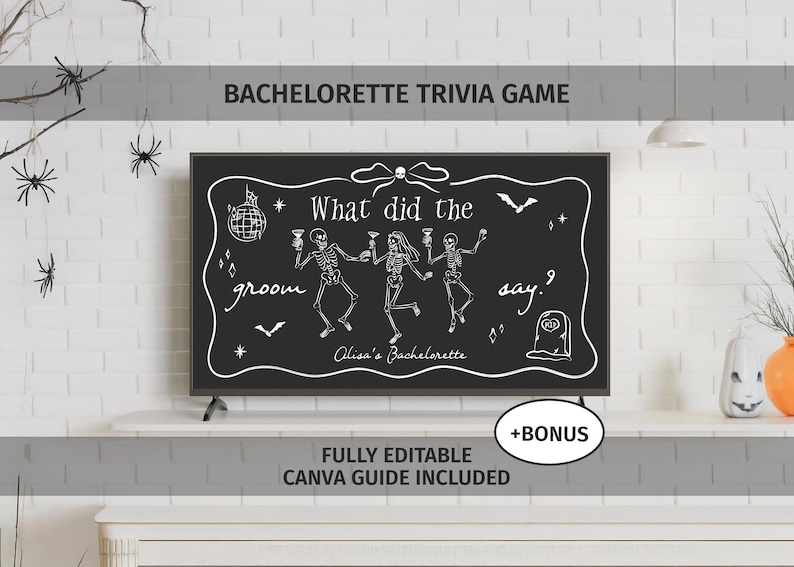 Pode incluir: Um quadro negro preto com texto e ilustra&ccedil;&otilde;es brancas para um jogo de perguntas e respostas de despedida de solteira. O quadro apresenta esqueletos, morcegos e o texto "What did the groom say?" e "Alisa's Bachelorette."