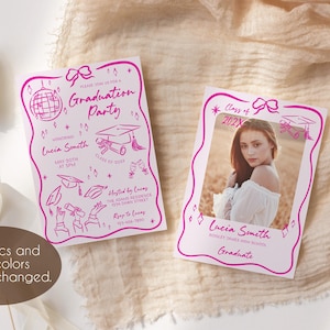 May include: Two pink graduation party invitations with a white background. One invitation features a disco ball, graduation cap, and the text "Graduation Party". The other invitation features a photo of a graduate and the text "Class of 202X".