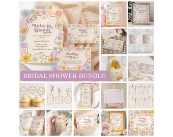 Pacchetto di inviti per baby shower stampabili "Baby in Bloom", baby shower con fiori di campo, giochi per baby shower modificabili, baby shower con fiori selvatici in formato A2