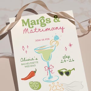 Op de afbeelding: Een cr&egrave;mekleurige uitnodiging met de tekst "Margs & Matrimony" in groen en roze. De uitnodiging bevat illustraties van een margarita, een zonnebril en een chilipeper. De tekst luidt "Olivia's Bachelorette Weekend" en "Sep 24-26".