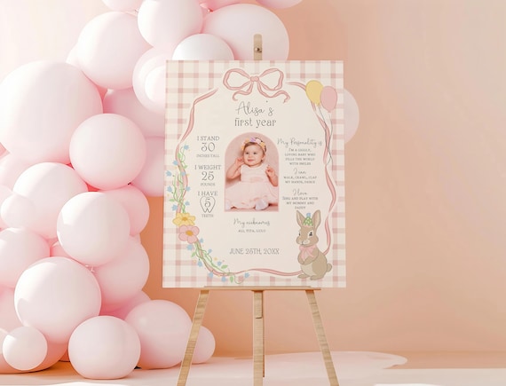 Some Bunny is One 1st Birthday Milestone Sign, Editable Bunny First Birthday Poster, Girl One Year Party Board Printable